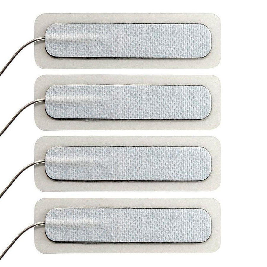 Four 1.5 cm by 7.5 cm Electrastim Long Self Adhesive Pads are displayed against a blank background. They are white rectangles with a thin cord coming out of them.