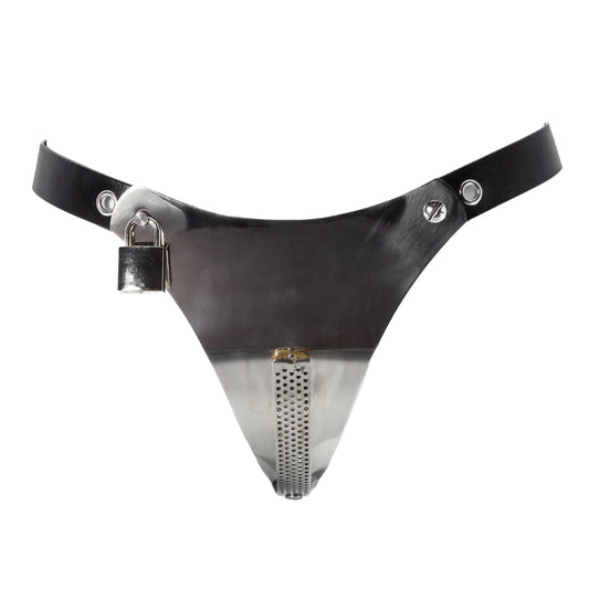 The fancy steel women's hybrid chastity belt is shown against a white background. 