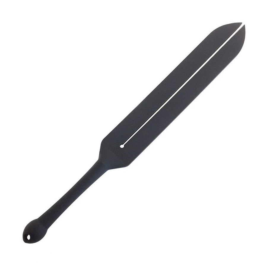 The Tantus Silicone Mini Tawse is displayed against a blank background. It is shaped like a paddle that has been split down the middle. The handle is rounded and bulbous at the end, with a hole in it.