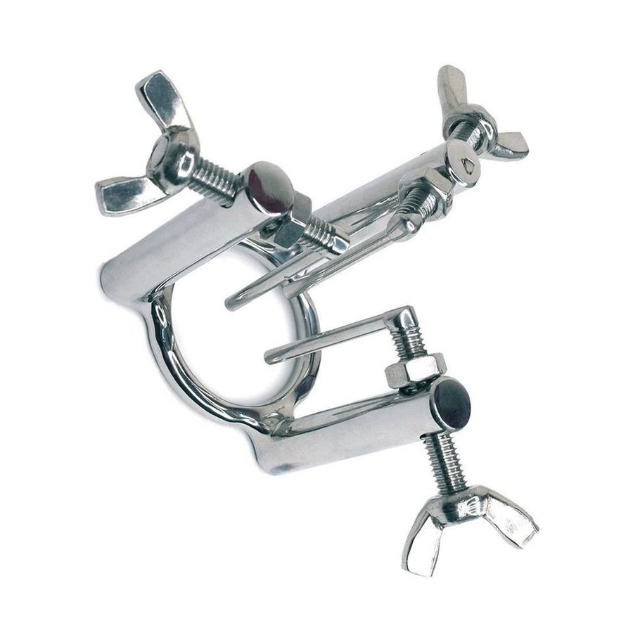 The 3 Way Stainless Steel Urethral Stretcher is shown against a blank background. It has a ring in the center with three arms made of bolts extending upward from it. Each arm has a sounding rod attached. The length of the arms is adjustable with a washer.