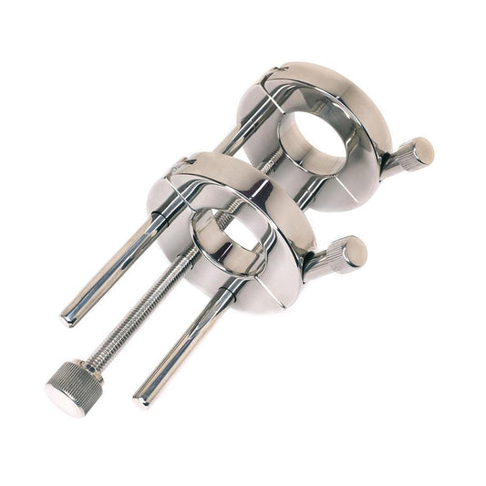 The Ze Extreme Double Stainless Steel Adjustable Ball Bruiser is shown against a blank background. It is made of 2 rings stacked on top of each other, supported by 2 posts. The size of the rings and the space between them are adjustable.
