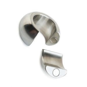 The Ze Mango Magnetic Ball Stretcher is shown disassembled against a blank background. The ring has a small piece that can be removed and attached back on magnetically. The small piece is shown next to the ball stretcher.