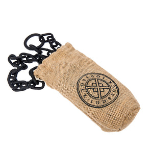 A canvas bag with the Schlossmiester brand logo holding the chains included in the Medieval Dungeon Wood Neck Stockade Set With Case is displayed against a blank background.