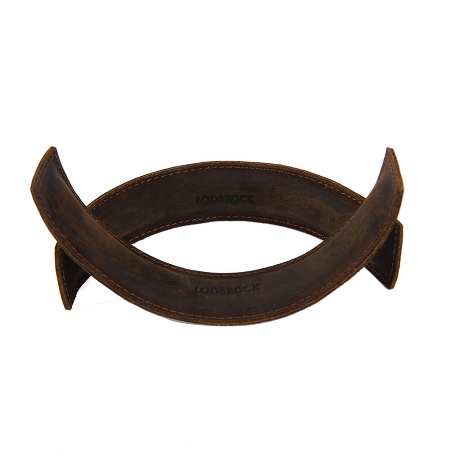 The two brown leather neck inlays from The Medieval Dungeon Wood Neck Stockade Set With Case are displayed against a blank background.