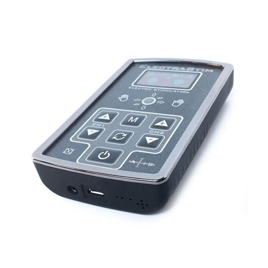 The Electrastim Axis Stimulator is shown from the bottom against a blank background. The bottom has a charging port and a cable port. 