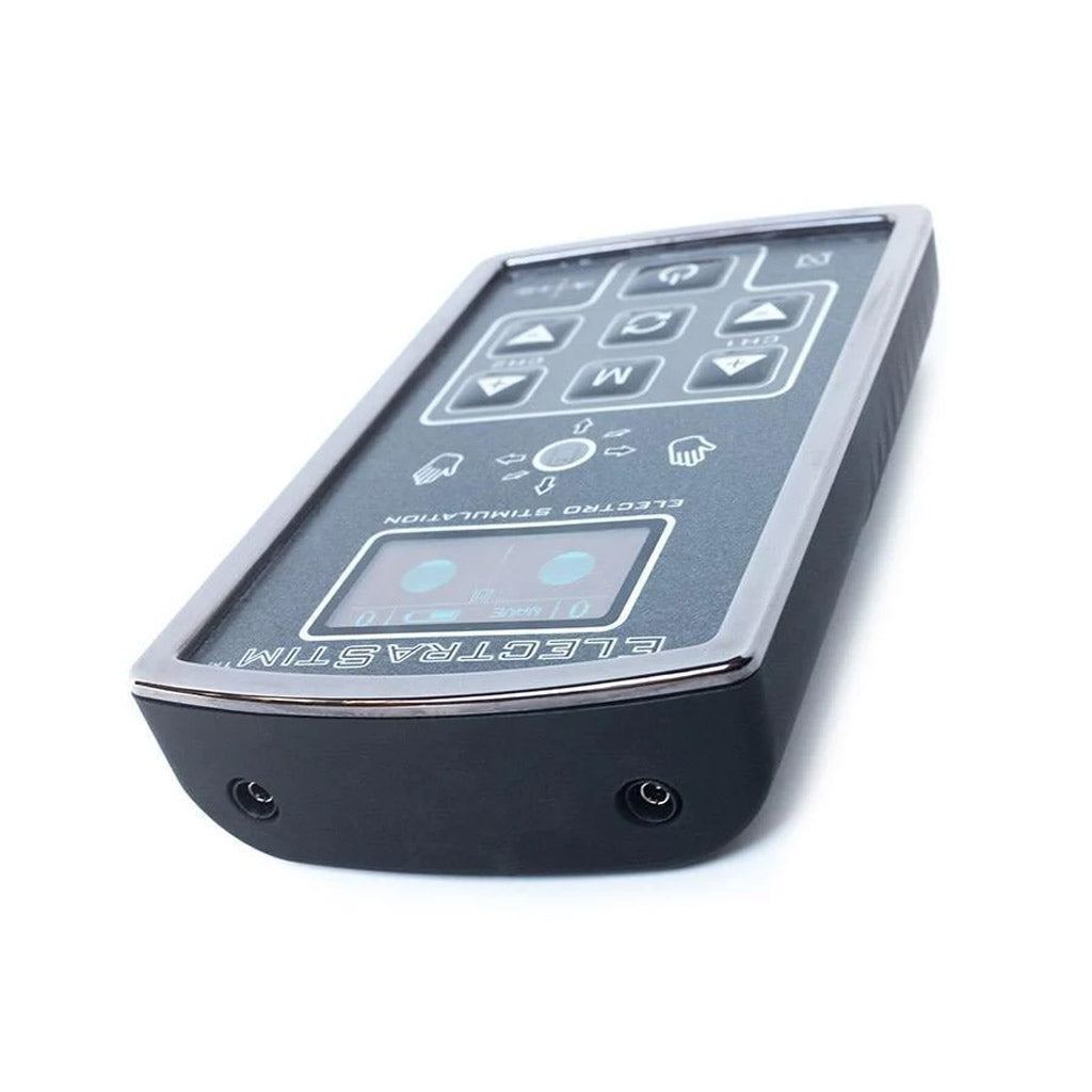 The Electrastim Axis Stimulator is shown from the top against a blank background. The top has two cable ports.