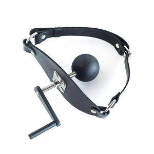 The Screw Ball Mouth Gag is shown against a blank background. It has a buckling leather strap with a flat piece of black leather and a metal plate in the front, which holds a metal crank with a handle on the outside and a black silicone ball on the inside.