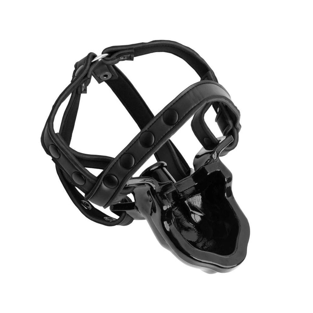 The black Watersport Mouth Gag With Adjustable Neoprene Straps from Oxballs is displayed against a blank background. The gag has a trough in the front which leads to the cylindrical gag. 