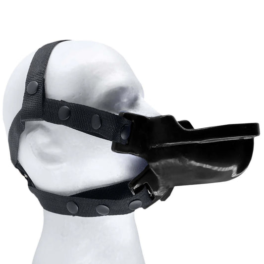 The black Watersport Mouth Gag With Adjustable Nylon Straps from Oxballs is displayed on a mannequin against a blank background.