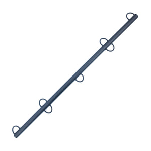 The Matte Black Multi-Purpose Spreader Bar is displayed against a blank background. It is a metal bar with seven metal loops on it, four on one side and three on the other.