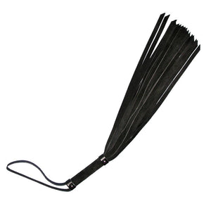 The 24" Basic Suede Flogger is shown against a blank background. The flogger has black suede falls, and the handle is covered in black suede. It has a wrist strap attached to the bottom of the handle.