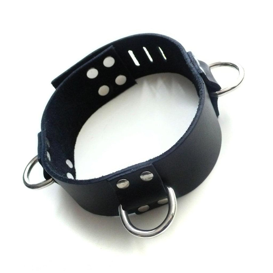 The Locking 3 D-ring Collar is shown against a blank background. It is made of a wide piece of black leather with a D-ring in the front and on each side. The back of the collar has slits for the smaller D-ring closure to fit through.