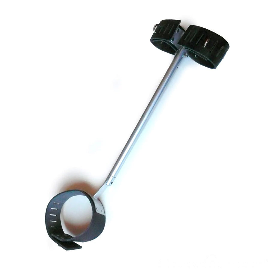 The Posture Bar is shown against a blank background. It is a silver metal rod that is slightly bent on one end with an attached black leather collar. The other end has two attached black leather wrist cuffs.