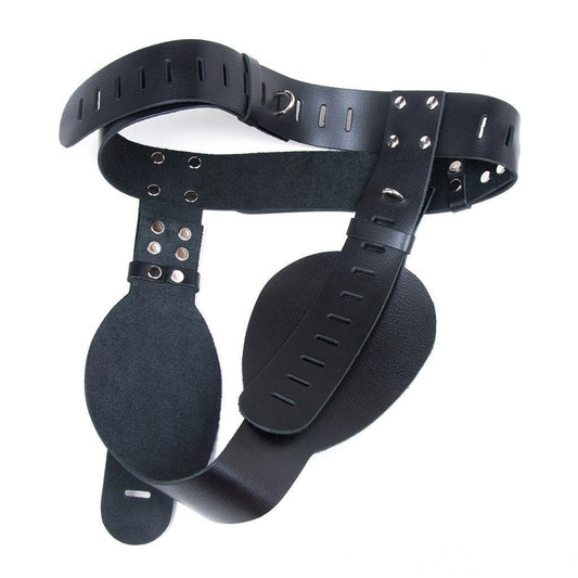 The Deluxe Locking Chastity Belt is shown from the side against a blank background.