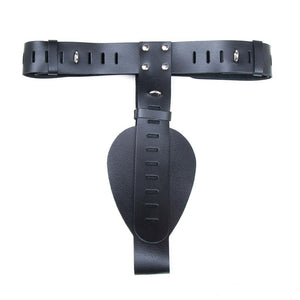 The Deluxe Locking Chastity Belt is shown against a blank background. It is T-shaped with an adjustable waist belt at the top and an adjustable piece of leather designed to go between the legs, which is hourglass-shaped.