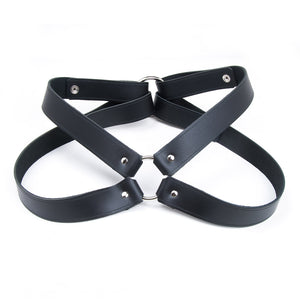 The Leather Chest Harness is shown from the front against a blank background. The harness is made of black leather with silver hardware and is shaped like an X.