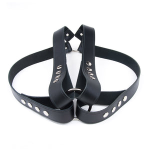 The Leather Chest Harness is shown from the back against a blank background. Each strap has four metal snaps on it so the harness can be adjusted.