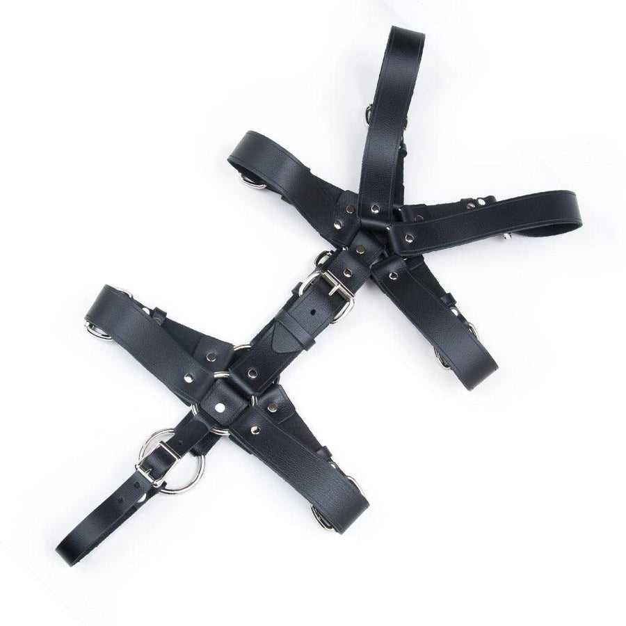 The Leather Torso Harness is displayed from the back against a blank background. It is made of black leather with silver hardware.