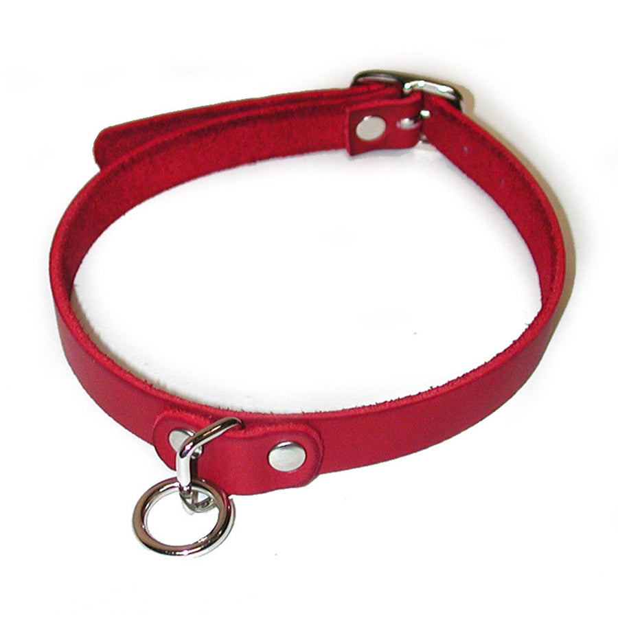 The Red Leather Choker with an O-Ring is shown against a blank background. It is a thin strip of red leather with silver hardware. The choker has a small dangling O-ring in the front and a buckle closure.