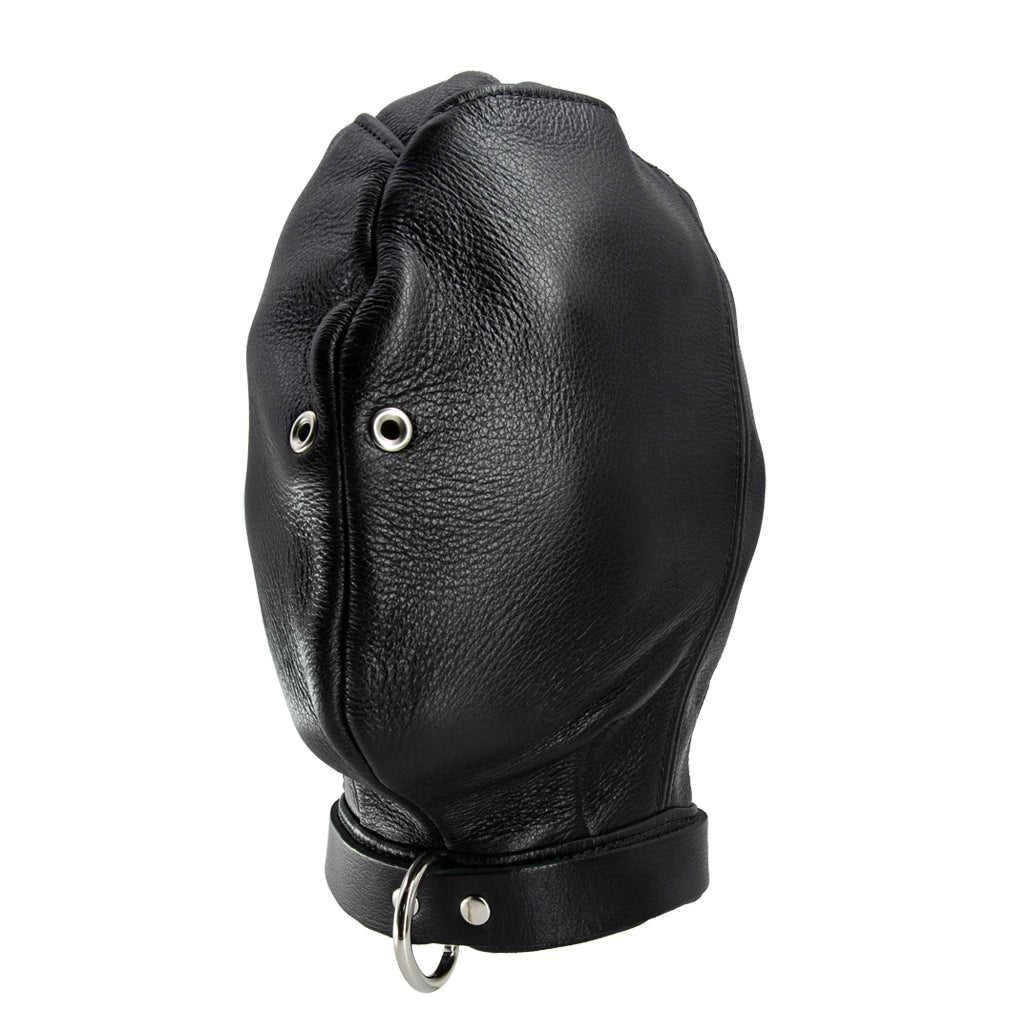 The leather total enclosed hood is shown on a white background