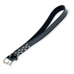 The Daddy's Belt slapper is shown against a blank background. It is a black piece of leather that is folded into a loop and connected at the bottom with silver rivets. There is a traditional belt buckle at the bottom of the loop.