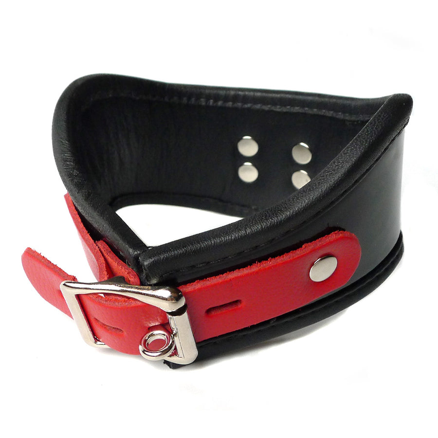 The back of the Firecracker Patent Leather Posture Collar is shown against a blank background. It has a lockable silver buckle and red leather closure tab.