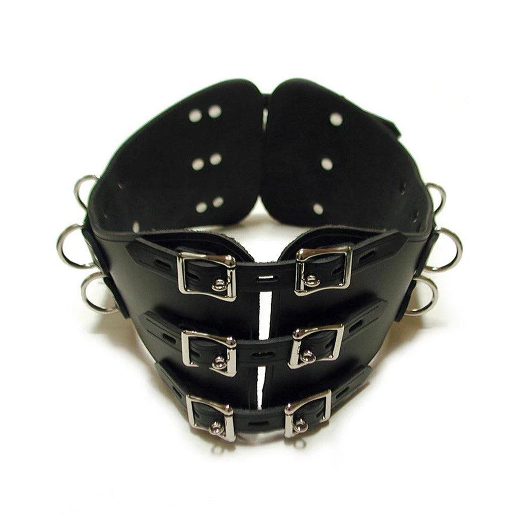 The Leather BDSM Waist Cincher is displayed against a blank background. It is made of black leather and silver metal hardware, with locking buckles and adjustable straps.