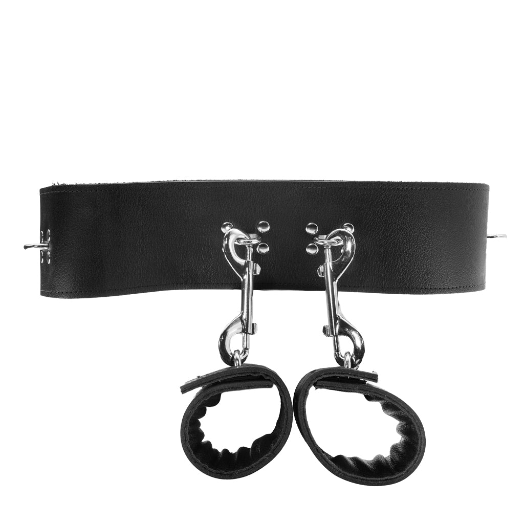 The leather prisoners belt and cuffs are shown against a white background. 