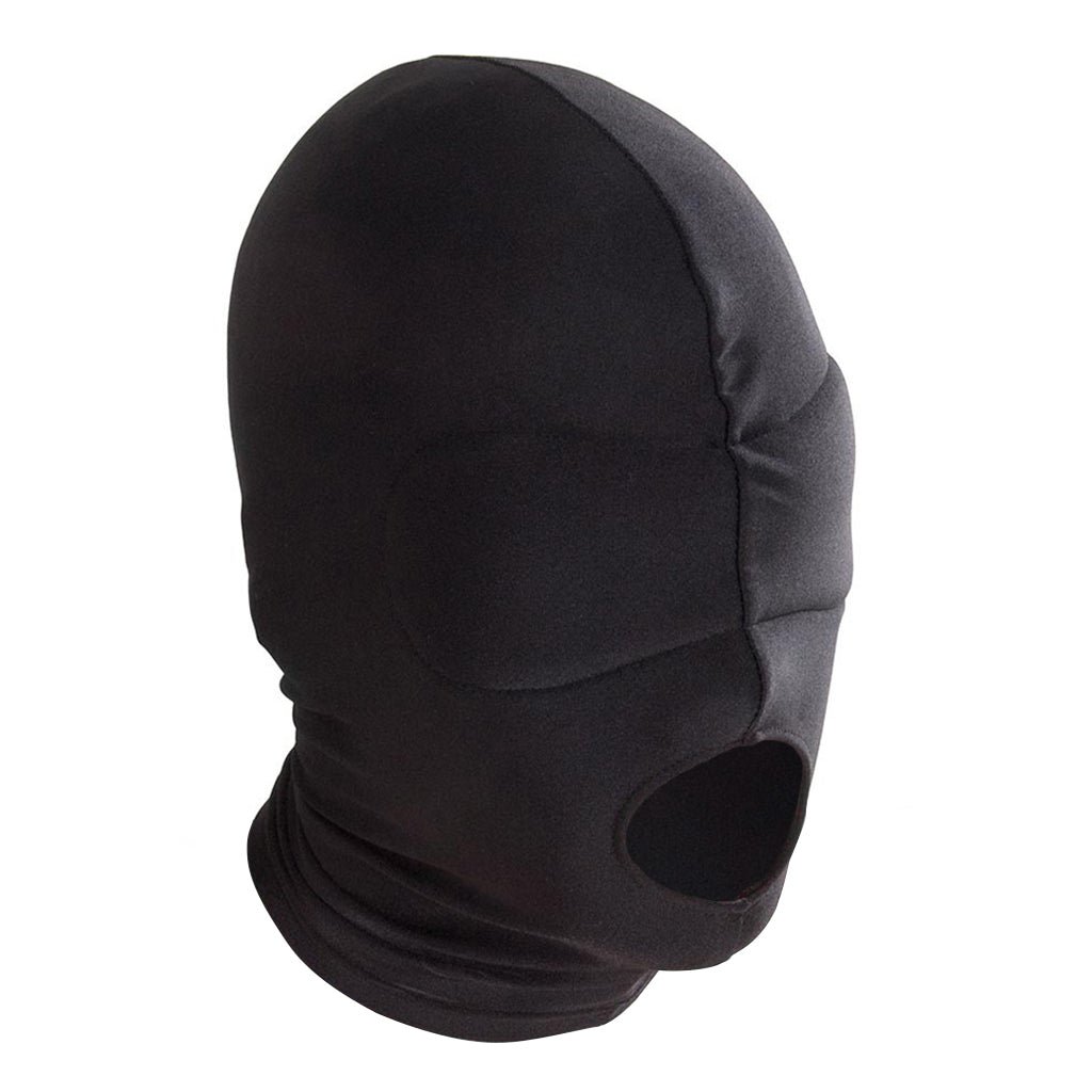 The spandex hood with blindfold is shown on a white