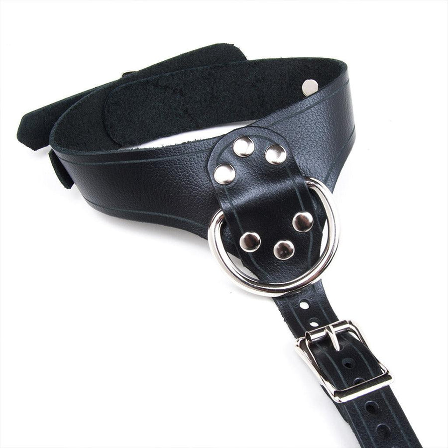 A close-up of the collar of the leather Bust Harness is displayed against a blank background.