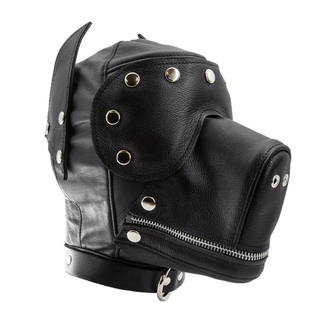 The leather dog hood with snap on muzzle, blindfold and gag is shown on a white background