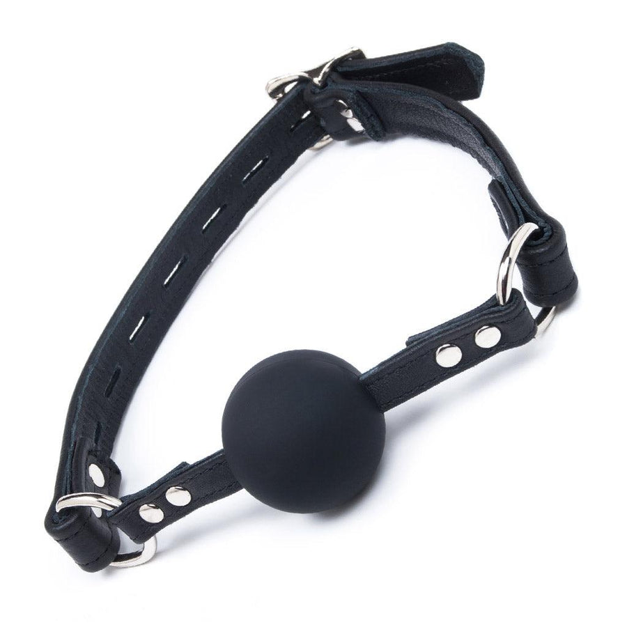 The Premium Garment Leather Silicone Ball Gag is shown from the front against a blank background.