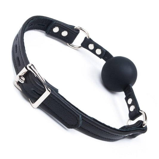 The Premium Garment Leather Silicone Ball Gag is shown from the back against a blank background. The gag is fastened with a silver buckle.
