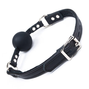 The Premium Garment Leather Silicone Ball Gag is shown from the back against a blank background. The gag is fastened with a silver buckle.