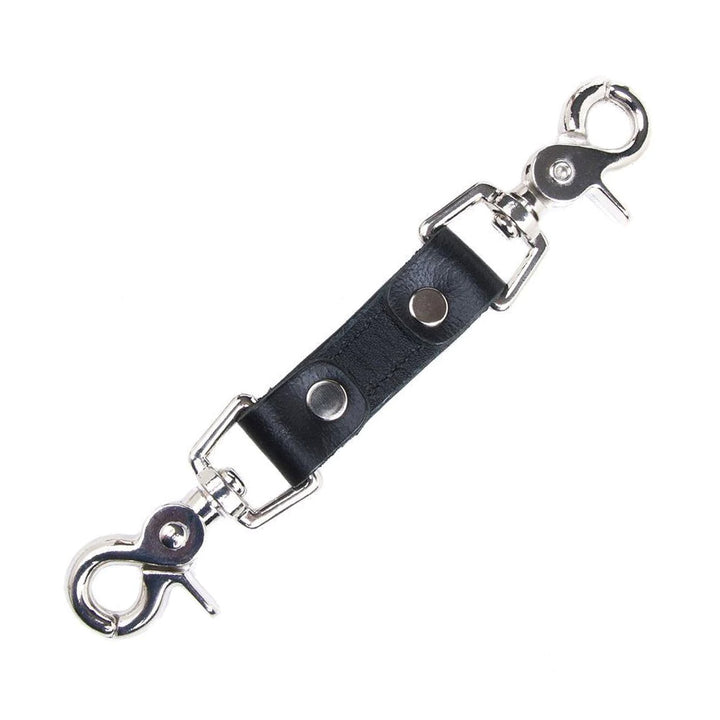 The black Premium Garment Leather Restraint Clip is displayed against a blank background. It is a short piece of black leather with silver metal rivets and a metal snap hook on each end.
