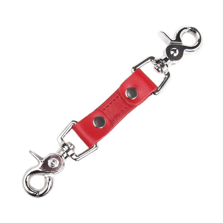 The red Premium Garment Leather Restraint Clip is displayed against a blank background. It is a short piece of red leather with silver metal rivets and a metal snap hook on each end.