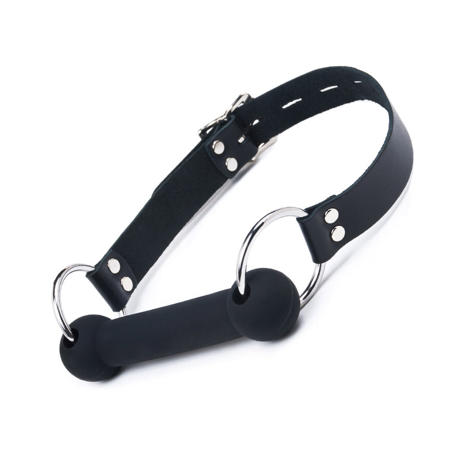 The Silicone Bit Gag in black is displayed against a blank background. The straps of the gag fasten in the back with a silver buckle.