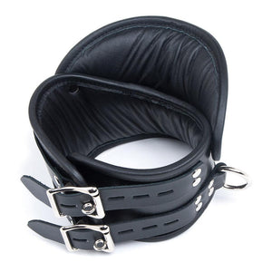 The Deluxe Padded Leather Posture Collar is shown from the back against a blank background. It has two adjustable straps and lockable buckle closures.