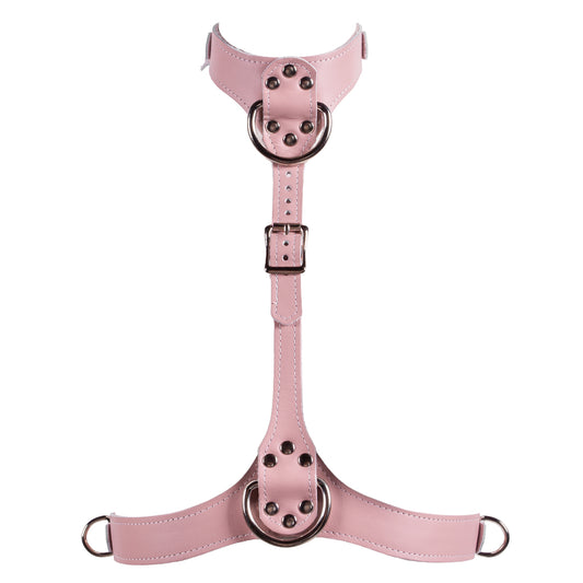 The pink leather Stupid Cute bust harness is shown on a white background