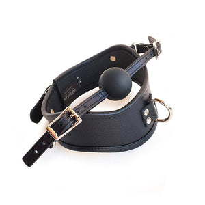 The Leather Posture Collar with Silicone Ball Gag is shown against a blank background. The collar is made of black leather and a silver D-ring with a slight dip in the center for the chin. It has a strap with a silicone ball gag attached across it.