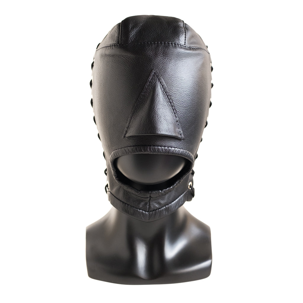 The Open Mouth Leather Bondage Hood is displayed on a mannequin and shown from the front against a blank background.