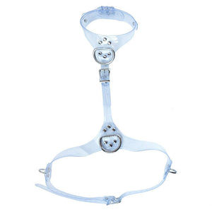 The Clear CTRL Bust Harness is shown against a blank background. It is made of clear PVC with silver hardware. The harness has a D-ring at the collar and between the breasts, as well as on the sides of the underbust band.