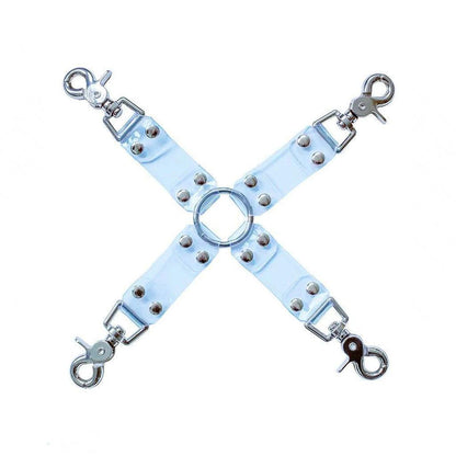 A four-way hog tie made of transparent vinyl arranged in the shape of an X with a metal O-ring in the center. Each strip has a snap hook at the end.