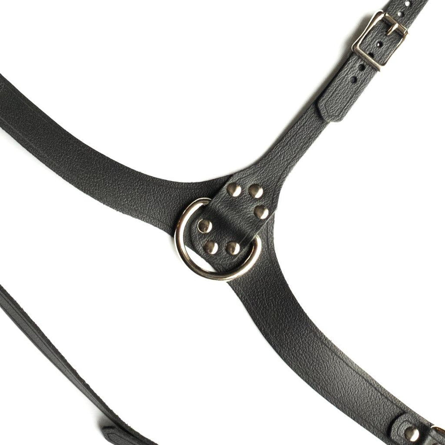 A close-up of the underbust portion of the Full Curves Leather Bust Harness is shown against a blank background, displaying the D-ring in the center.