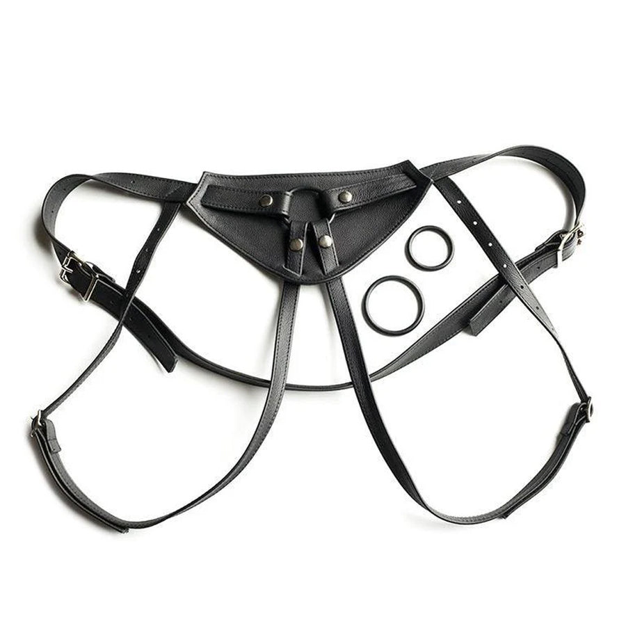 The Full Curves Leather Strap-on Harness in black is displayed against a blank background. 