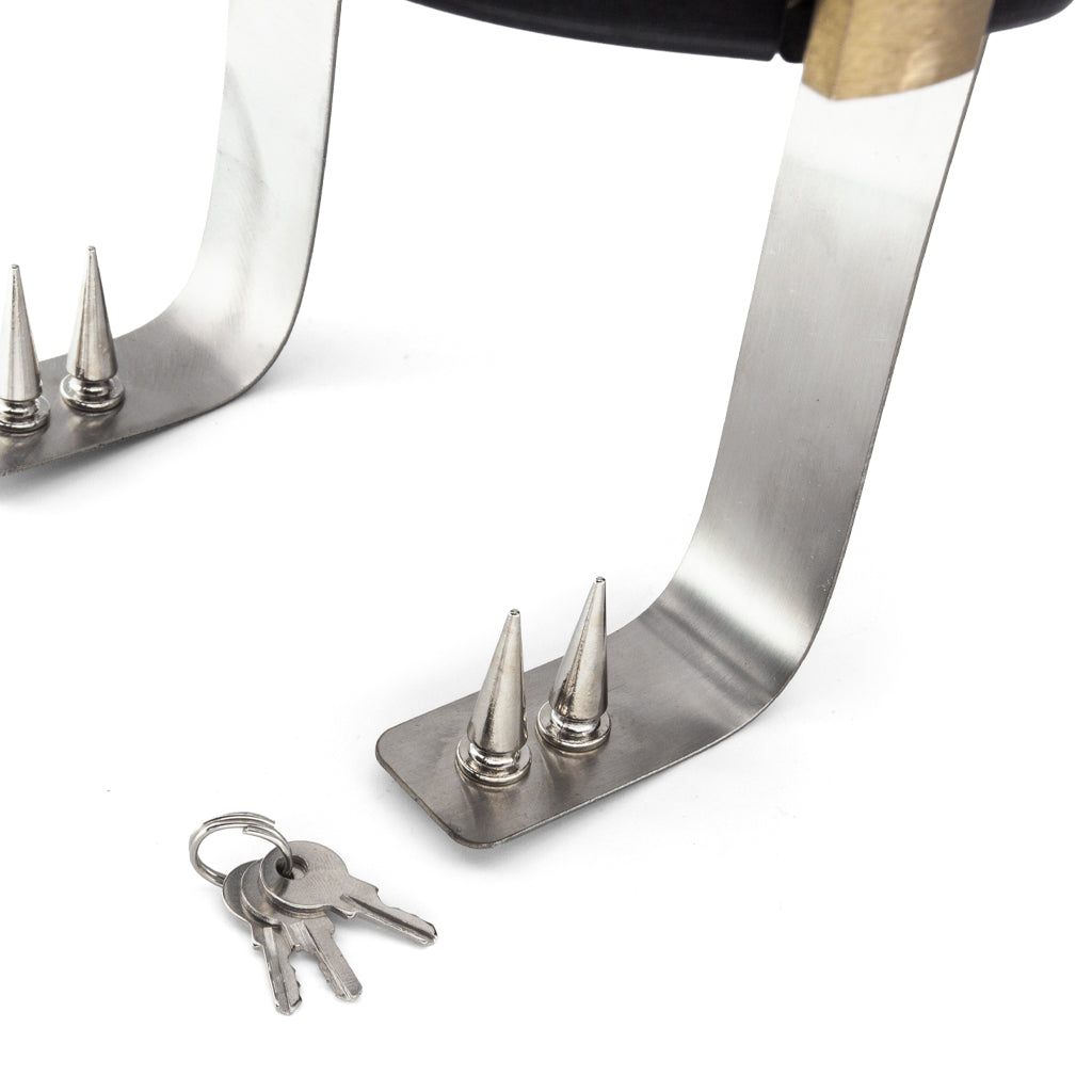 A close up of the spikes and keys on a white background. 