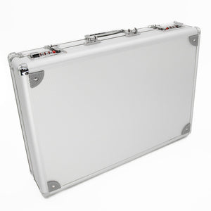 The case for the Kinklab Agent Noir™ Neon Wand Electrosex Kit is displayed against a blank background. The case is a silver metal attaché case.