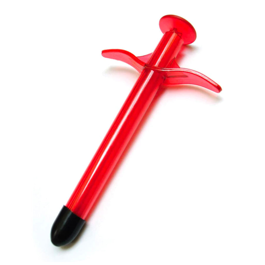 A Lube Shooter® Lubricant Applicator By Kinklab is displayed against a blank background. It is made of translucent red plastic.