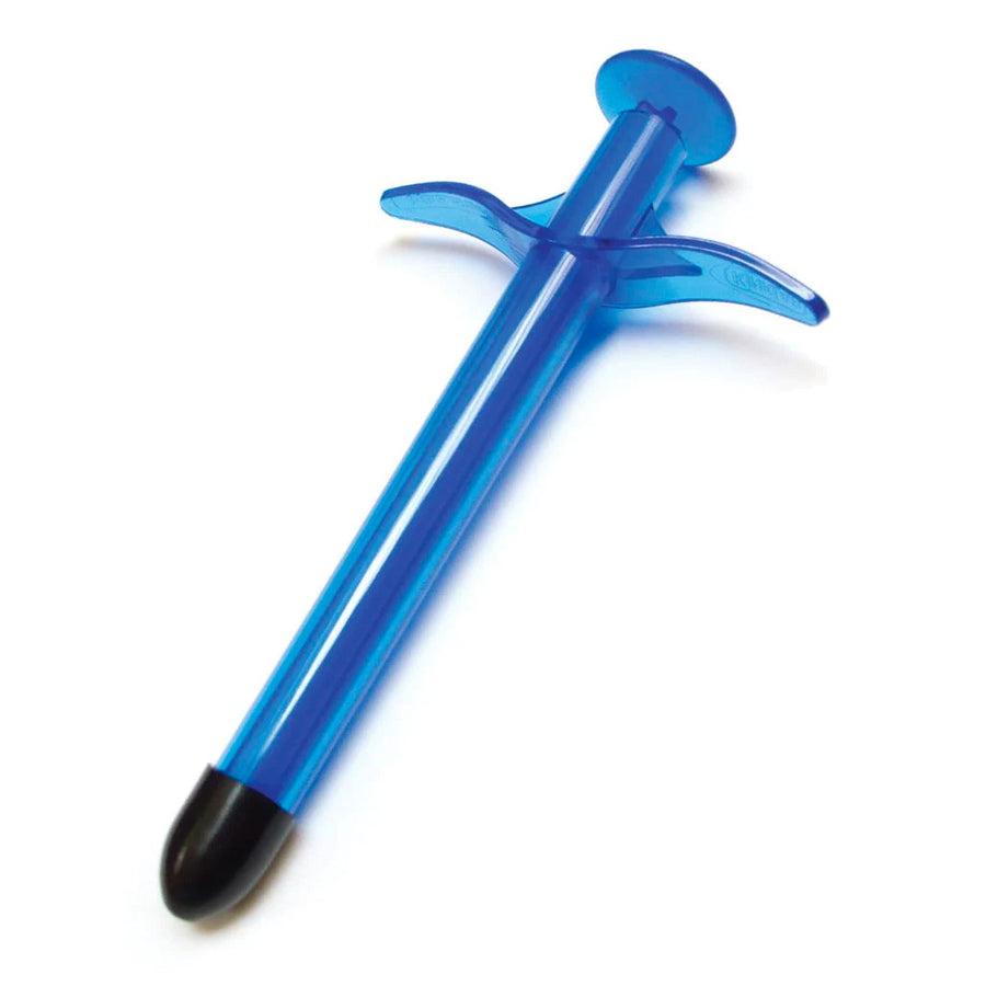 A Lube Shooter® Lubricant Applicator By Kinklab is displayed against a blank background. It is made of translucent blue plastic.