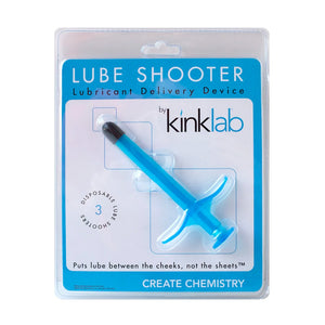 A blue Lube Shooter® Lubricant Applicator By Kinklab is displayed in its plastic packaging against a blank background.
